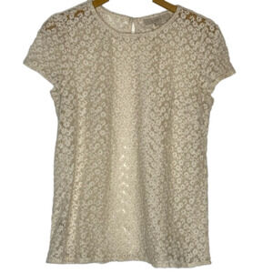 𝅺LOFT Floral Lace Mesh Shirt Embroidered Flowers Cream White Short Sleeve Top